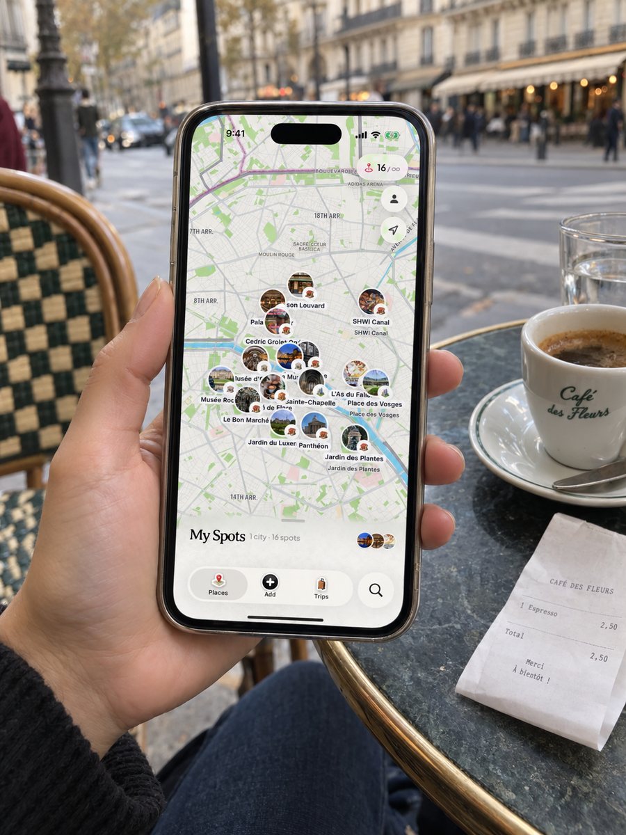 Dream Trip open on an iPhone at a Paris cafe, with saved spots pinned across the city