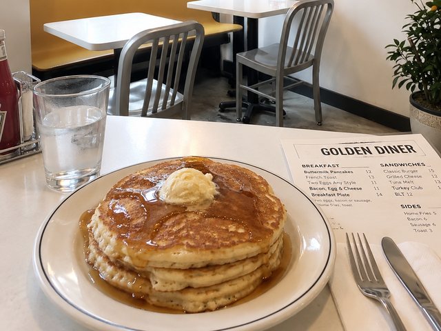 Pancakes with butter and syrup at Golden Diner