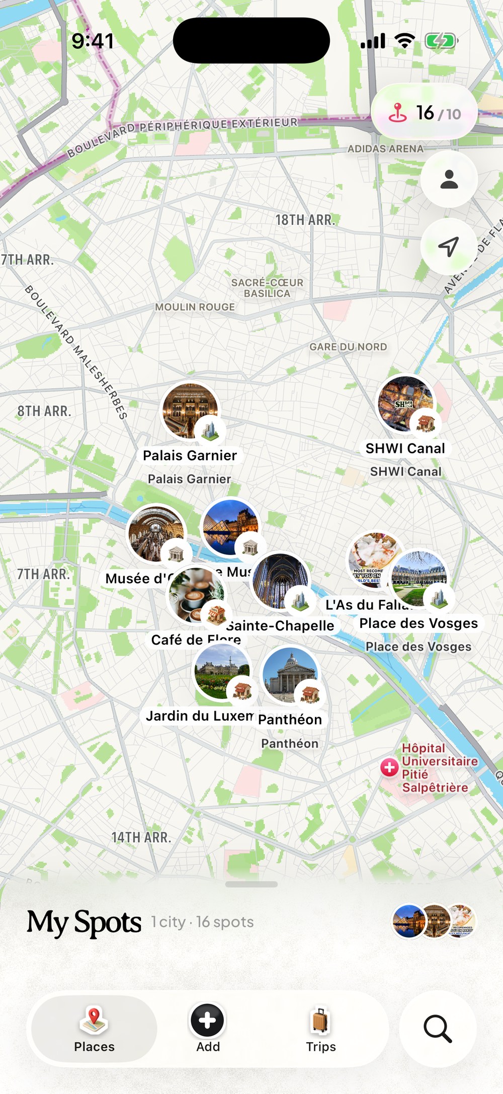 A map of Paris in Dream Trip with saved spots pinned as photos, including Palais Garnier, Café de Flore, Sainte-Chapelle and the Panthéon