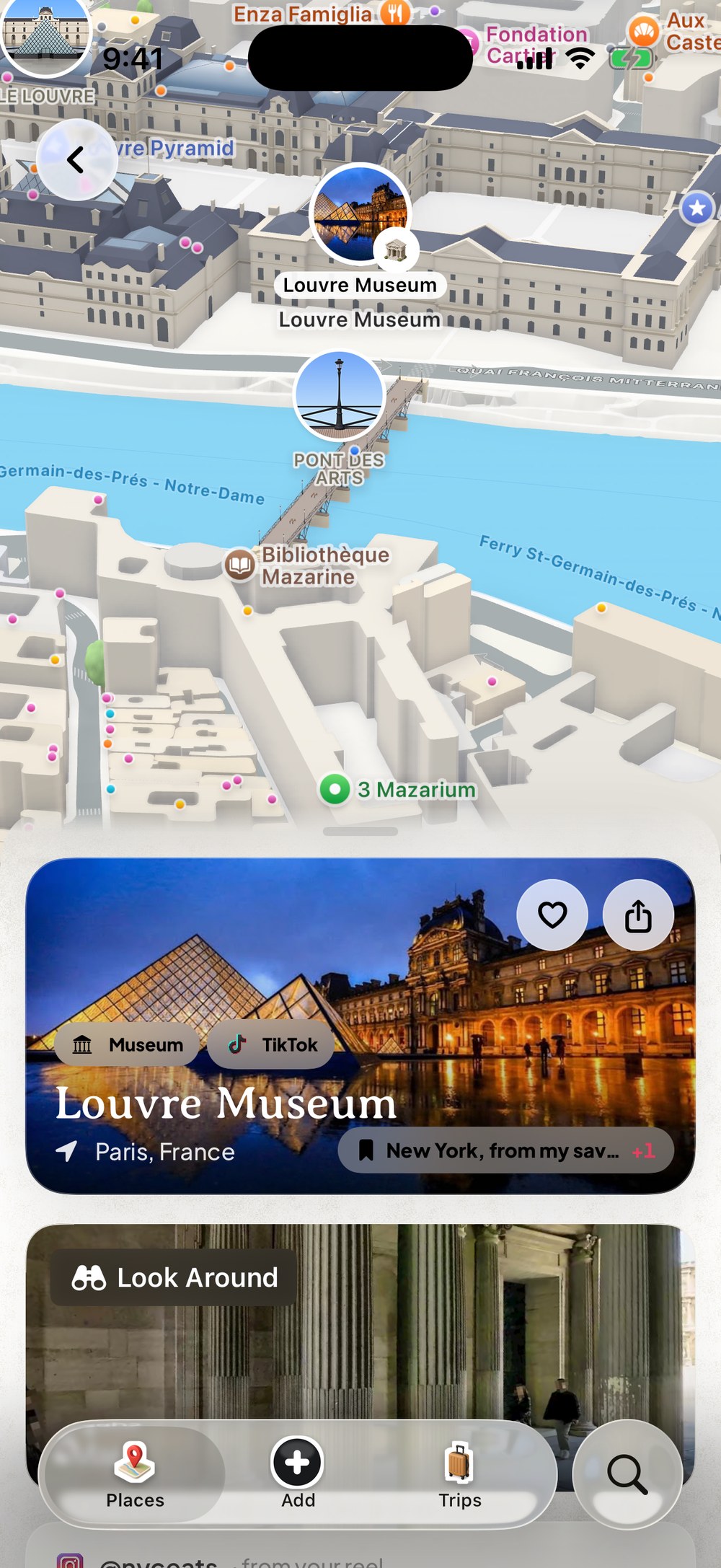 The Louvre Museum place card in Dream Trip, over a 3D map of Paris: a photo of the pyramid at dusk, its category, the TikTok it came from, and Look Around