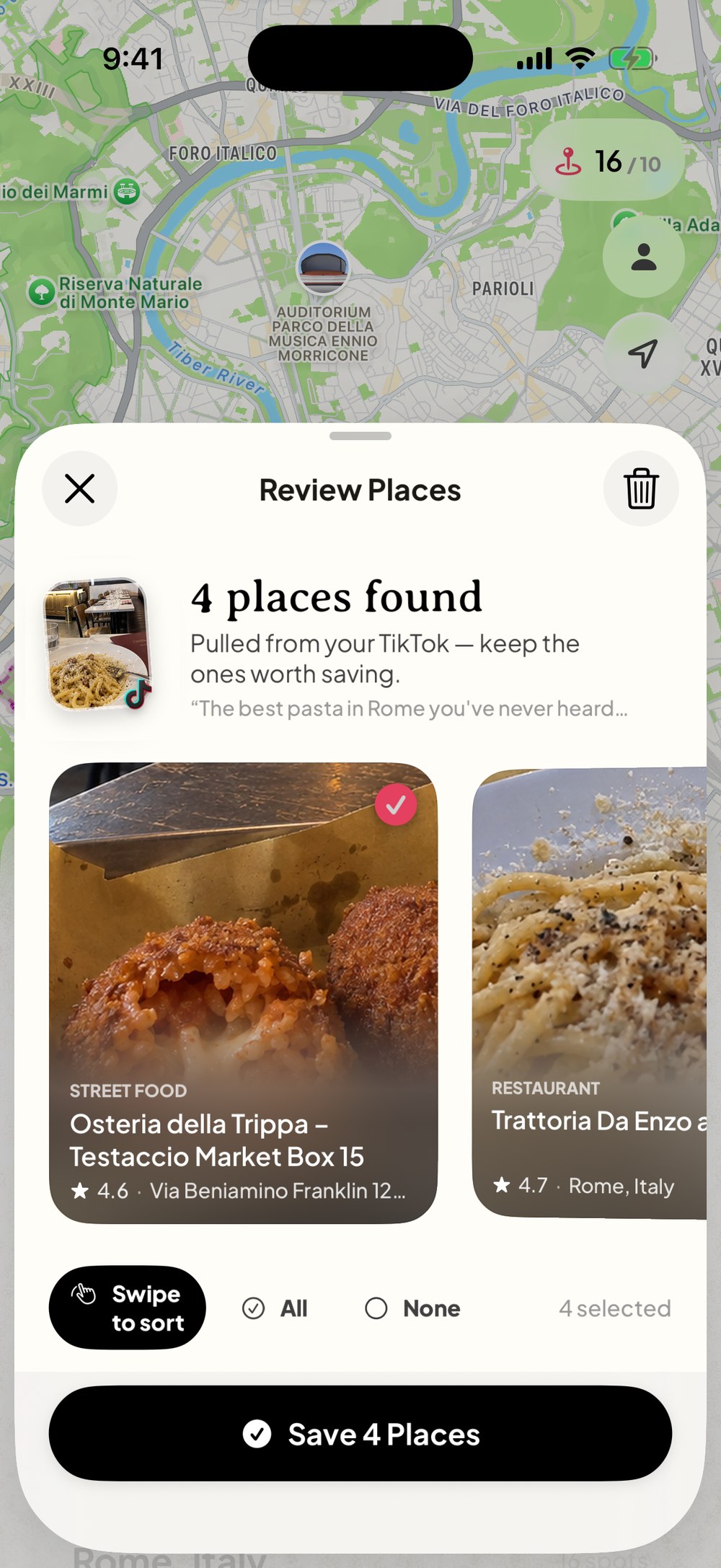 Dream Trip found 4 places in a TikTok about Rome, shown as photo cards to keep or skip: Osteria della Trippa and Trattoria Da Enzo al 29 first