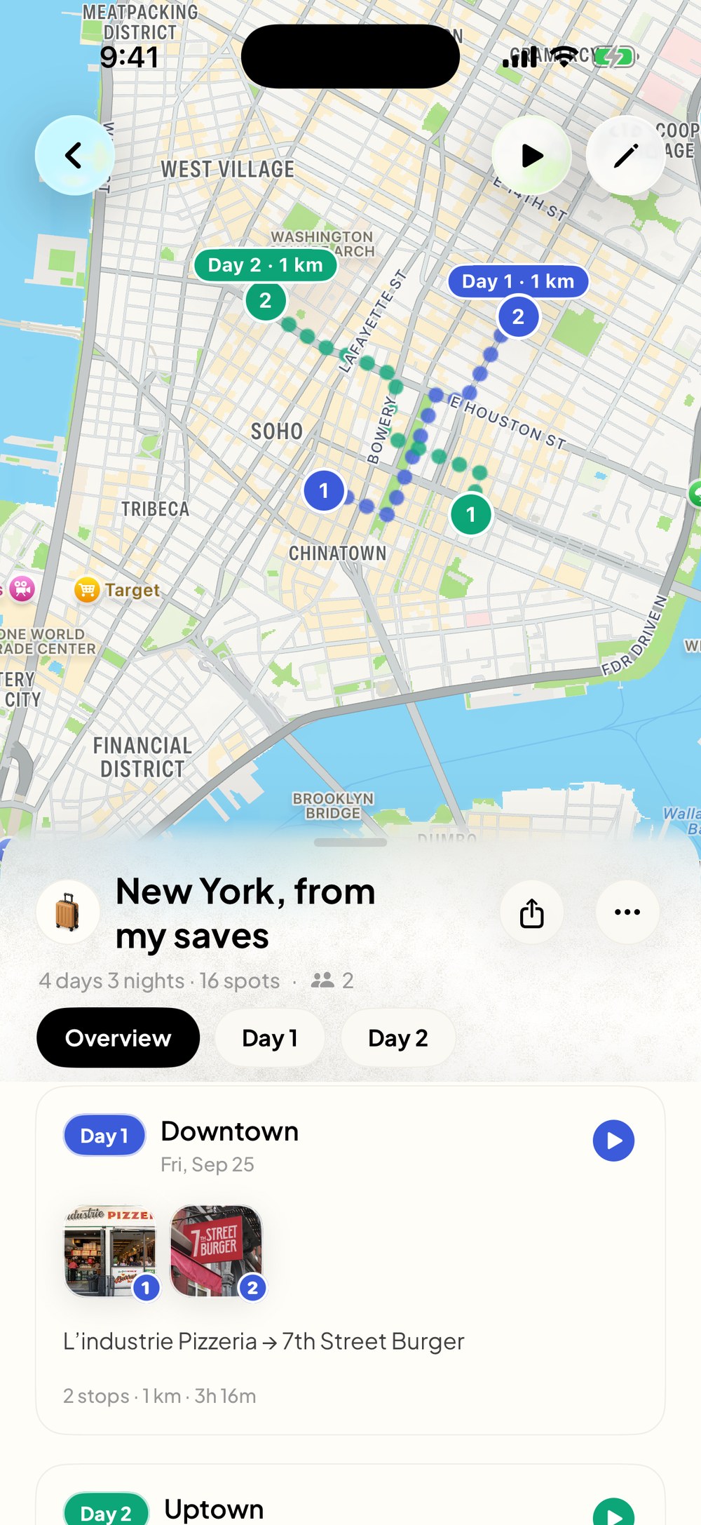 The trip in Dream Trip: New York, from my saves, 4 days and 16 spots, with the days routed on the map